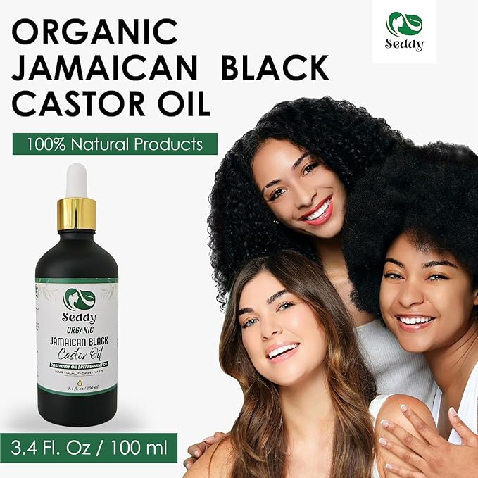 Seddy Organic Jamaican Black Castor Oil - with Rosemary & Peppermint in Glass Bottle - Cold Pressed | Hexane-Free | Promotes Hair Growth | Strengthens Hair | Hair Treatment Oil - 3.4 Fl. Oz