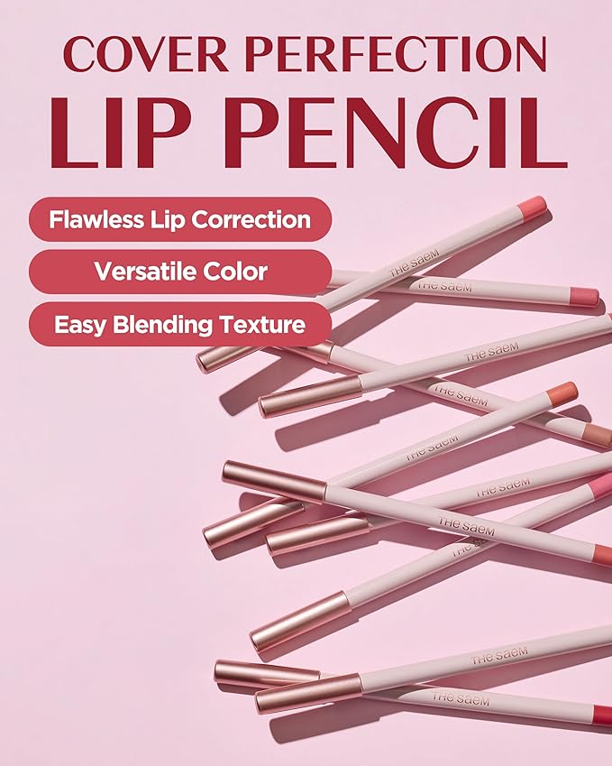 THESAEM Cover Perfection Lip Pencil - 02 Rosy Rose Pink - Slim 4mm Lip Liner for Overlip Correction - Korean Makeup Lip Contouring Pencil Easy Blending Formula, 0.04oz