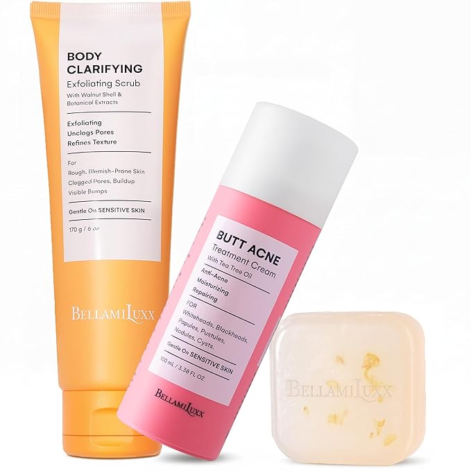 Butt Acne Clearing Set: Butt Acne Lotion + Acne Soap + Body Acne Scrub for Breakouts on Butt, Thighs, Back & Chest, KP Bumps, Clogged Pores & Rough Buttocks – Exfoliate, Cleanse & Smooth