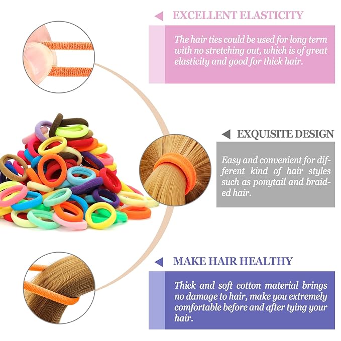 Hair Ties for Women And Kids, 100PCS Seamless Thick Cotton Hair Band, Elastic Baby Hair Ties No Damage Ponytail Holder, Rainbow (Set6)