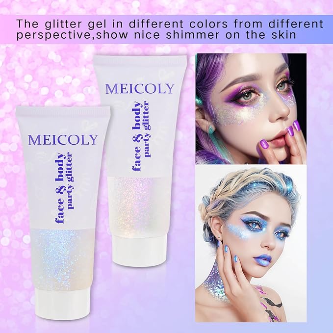 MEICOLY Sparkling Blue Body Glitter,Halloween Face Glitter,Color Changing Glitter Gel for Body,Face,Hair,Lip,Eye,Long Lasting Sequins Glitter Face Paint,Festival Party Glitter Makeup,50ml