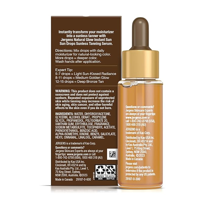 Jergens Natural Glow Instant Sun Drops, Sunless Tanning for Face and Body, Instant Sun Bronzing Drops, 1 Fl Oz