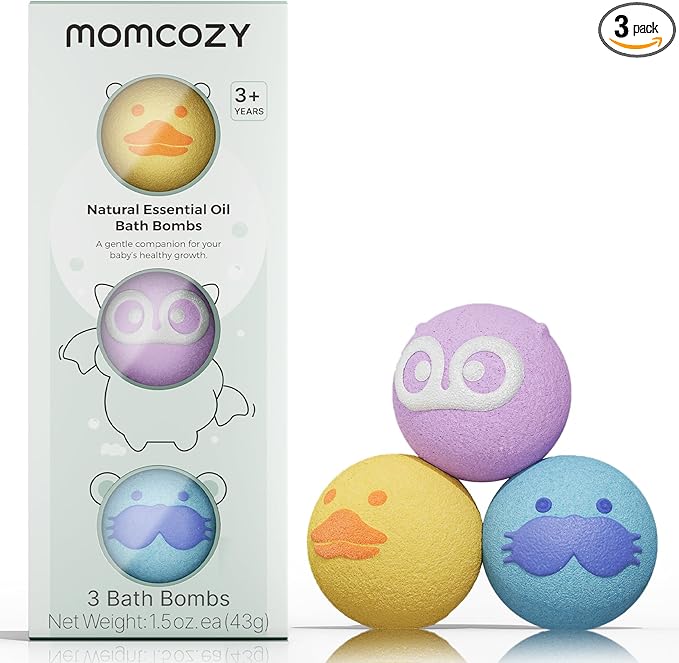 Momcozy Natural&Organic Essential Oil Bath Bombs,3 Pcs Bubble Bath Fizzy Balls with 3 Cute Animal Shapes,Bath Bombs Gift Set for Kids Girls Boys Toddler, Ideal Gift for Birthday, Bath Bomb Kit