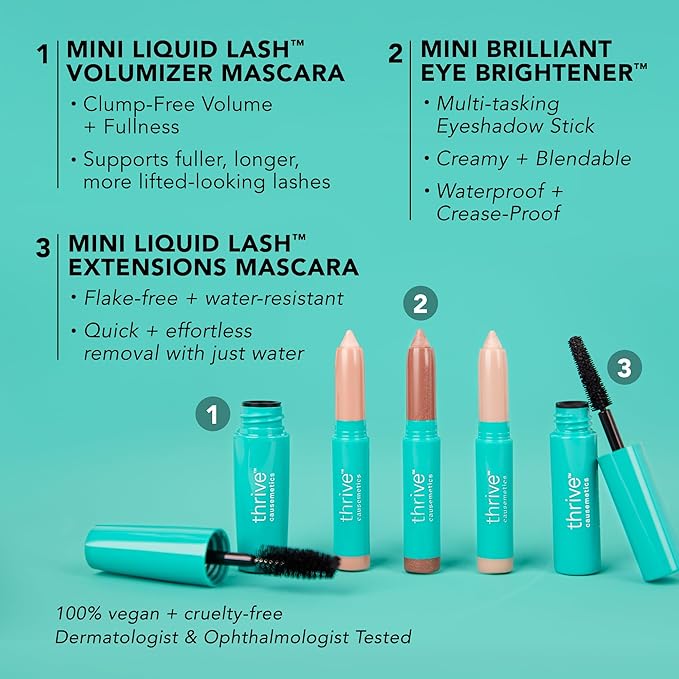 Thrive Causemetics Mini Makeup Essentials, Gift Set for Women, Deluxe Mini Liquid Lash Extensions & Volumizer Mini Mascaras, Brynn (Rich Black), Mini Eye Brightener Highlighter Sticks - 3 Shades