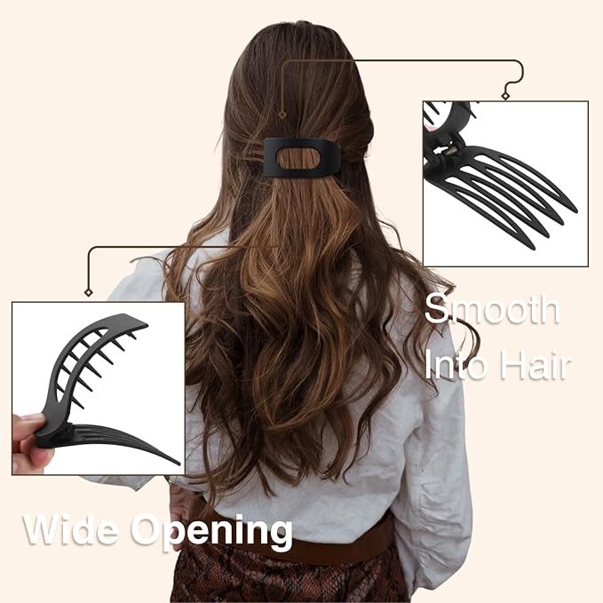 8 Pack Black White Flat Hair Clips for Women – Large Matte Rectangle No-Slip Claw Clips for Thick & Thin Hair, Strong Hold Square Hair Accessories