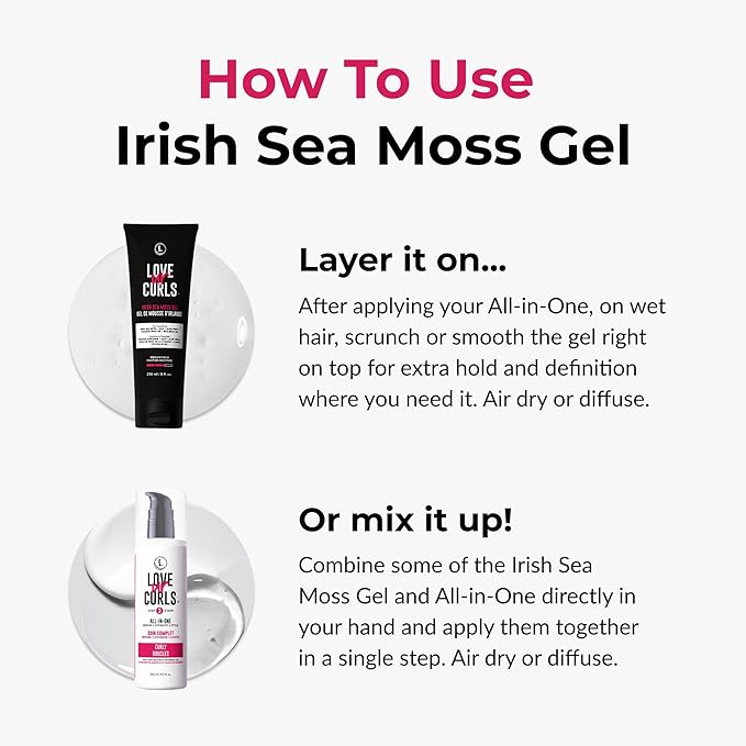 Love Ur Curls Irish Sea Moss Hair Gel, Medium Hold Hair Styling Curling Gel for Defined Curly Hair, Waves & Coils, Vegan, Cruelty Free, 236mL