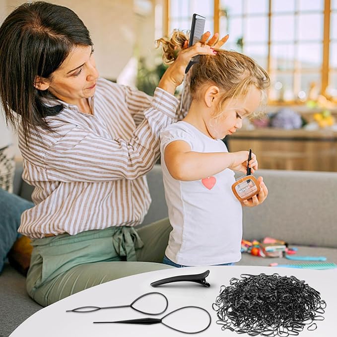 BESARME 1000pcs Mini Rubber Bands, Black Elastic Hair Ties with 6pcs Styling Tools for Baby Girls' Hair Accessories & Christmas Gifts