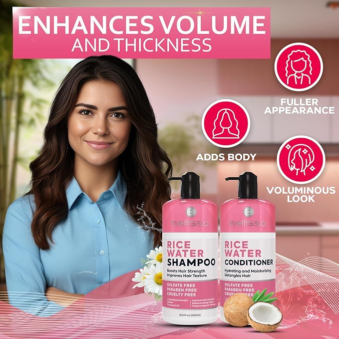 Rice Water Shampoo and Conditioner Set - Sulfate Free for Thin and Fine Hair - Fuller, Thickening Formula for Women and Men - With Strengthening Saw Palmetto - Anti Thinning, Volumizing for Thick Hair