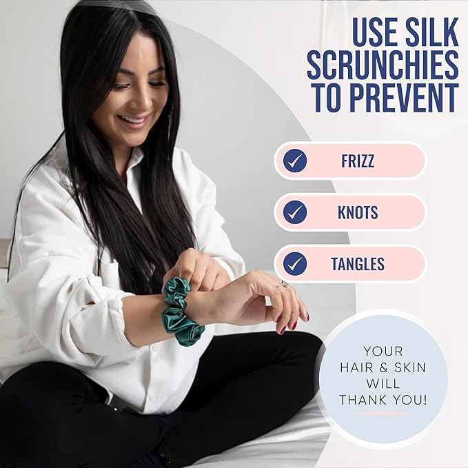 Blissy Silk Scrunchies (3 Pack) - 100% Pure Mulberry 22 Momme 6A High-Grade Fibers Scrunchie for Straight & Curly Hair (Emerald, Regular)