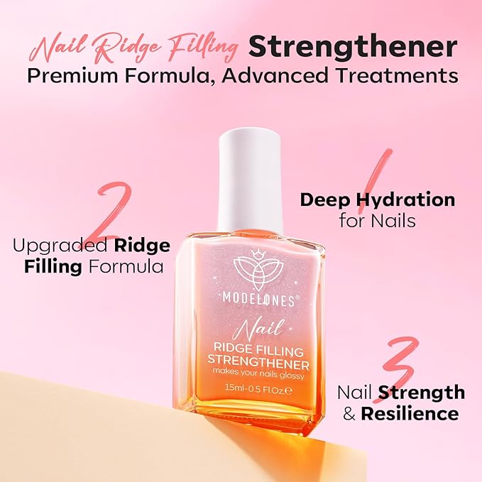 modelones Nail Strengthener Glitter Pink Nail Polish Nail Repair for Damaged Nails Hardener and Growth Polish Nail Care Gifts for Women Nail Strengthening Polish 15ml