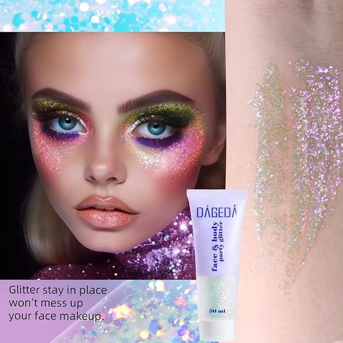DAGEDA Body Glitter Gel, Holographic Face Glitters Body Gel Shimmer Liquid Eyeshadow, Color Changing Glitter for Face Hair Nails, Glitter Under Light Festival Glitter Makeup 1.7oz (Sparkling Pink)
