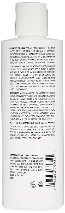 ARROJO Ultra Violet Purple Shampoo (8.5 oz) Hair Shampoo for Color Treated Hair to Eliminate Brassy & Yellow Tones Purple Shampoo for Blonde Hair w/ Vitamin E Paraben and Sulfate Free Shampoo