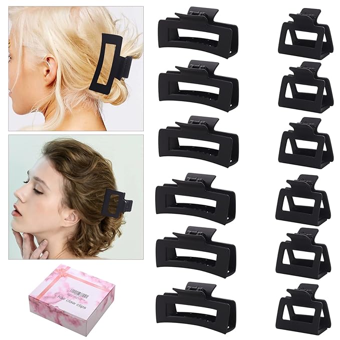 12 Pack Black Square Claw Clips, Big and Small Neutral Rectangle Hair Claw, Non-slip Matte Large Hair Clips for Women,Strong Hold jaw clip for Thick Thin Hair