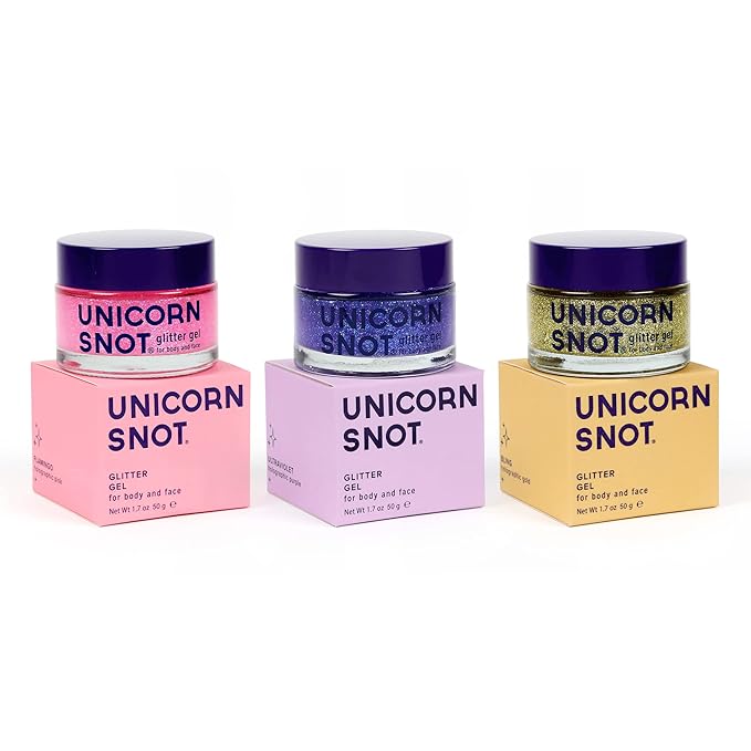 UNICORN SNOT Holographic Face Glitter & Body Glitter Gel | Holiday Glitter Makeup: Stocking Stuffers & Christmas Gift | Hair Glitter, Vegan & Cruelty-Free, 1.7 oz 3-Pack (Flamingo/UV/Bling)