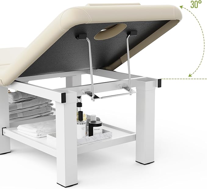 30.5'' Wide × 75'' Long Folding Stationary Massage Table with Backrest and Storage Space for Treatment Table Physical Therapy Table Spa Facial Bed, 6 Square legs, Metal Frame PU Leather - Beige Gray
