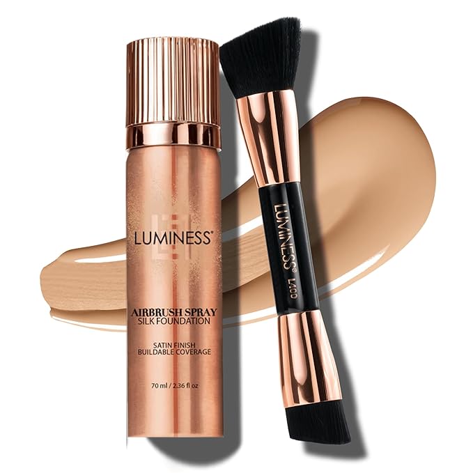 LUMINESS Face Time All In One Makeup Kit - Includes Face Palette, Airbrush Foundation, and Makeup Brush - Long-Wearing, Silky, Soft, Easy to Blend, 3-PC Make Up Set (03 - Light Medium)