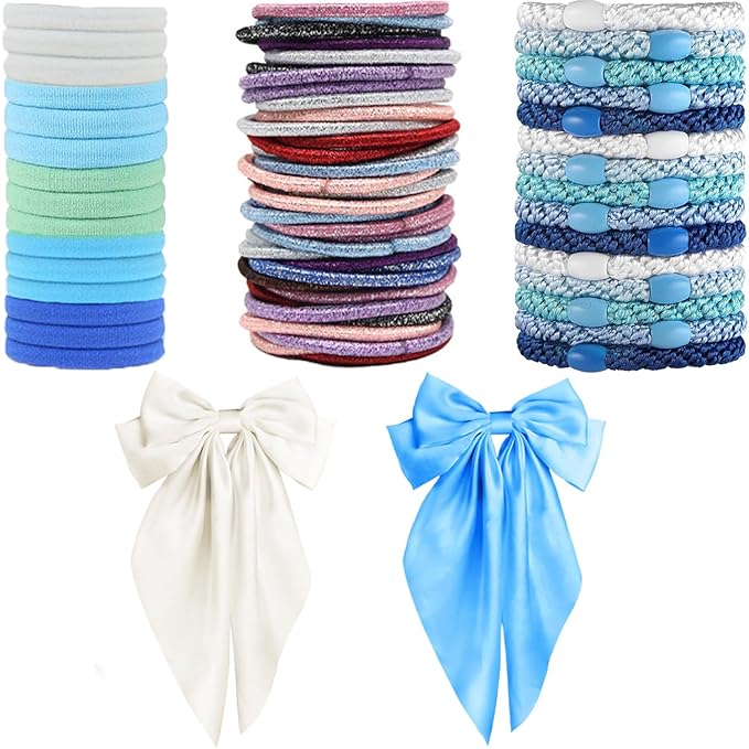 Hair Ties for women 5 styles Hair Elastics(15 No Damage Hair Ties 50 High Elastic Ties 15 Ponytail Holders 2 Big Bow Hair Clips 20Snap Hair Clips)Pain-free No Crease multiple colors for all hair types