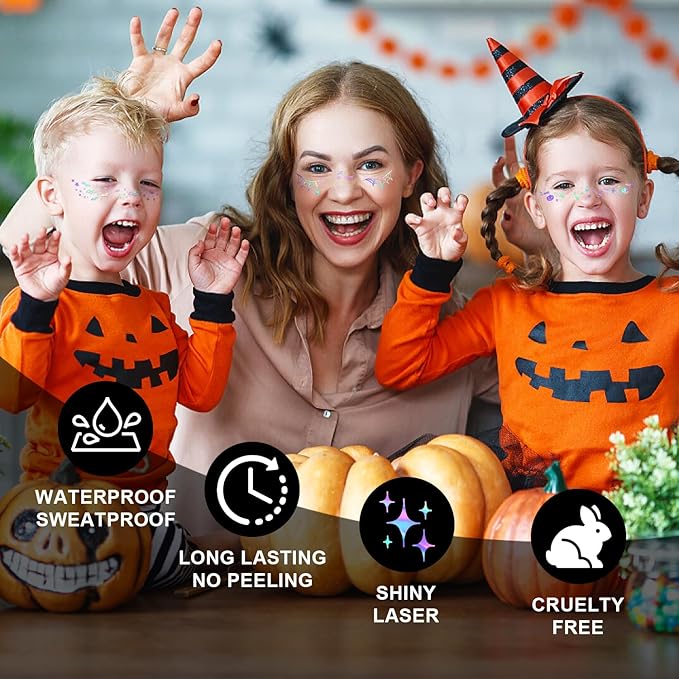 8Pcs Halloween Face Makeup Patches, Glitter Freckles Face Tattoo for Teenagers & Young Women, Sparkle Freckles Makeup Patches, Waterproof Face Glitter Freckles (8PcsC Holographic Multicolor)