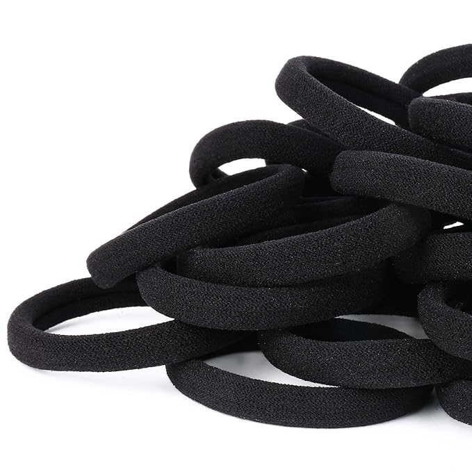 50PCS Black Hair Ties for Women, Cotton Seamless Hair Bands, Elastic Ponytail Holders, No Damage for Thick Hair, 2 Inch in Diameter, by Qarwayoc