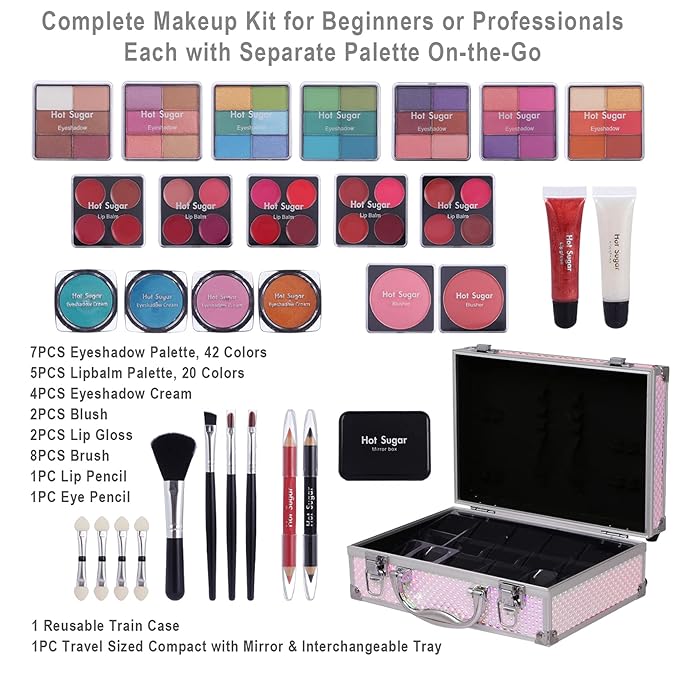 Hot Sugar Makeup Kit for Girls and Women - Full Starter Cosmetics Set with Eye Shadow Palette, Blush, Lip Gloss, Lip & Eye Pencil and Mirror