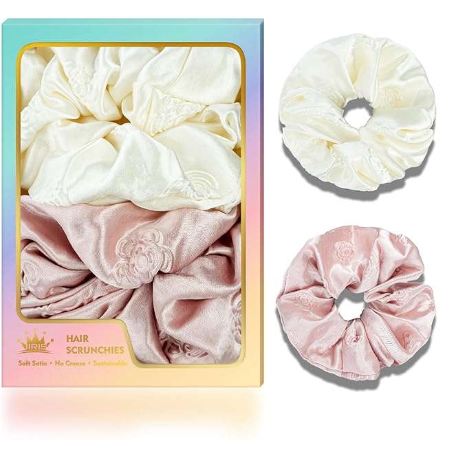 2Pcs Big Rose Printed Satin Scrunchies for Women, Softer Than Silk Scrunchies, Fashion No Crease Hair Ties for Thin Thick Hair,Soft Hair Bands No Damage for Girls, Ideal Gifts for Women (Set 8)