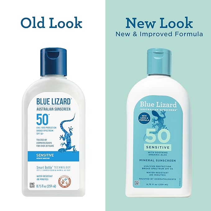 Blue Lizard SENSITIVE Mineral Sunscreen with Zinc Oxide, SPF 50+, Water Resistant, UVA/UVB Protection with Smart Bottle Technology - Fragrance Free, 8.75 oz. (Pack of 2)