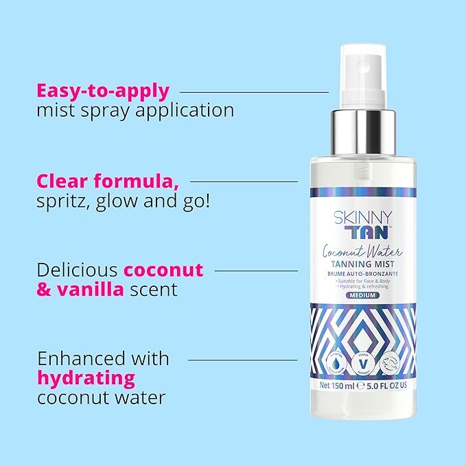 Skinny Tan Coconut Water Tanning Mist - Refreshing, Non-Sticky, and Fast Absorbing Formula - Formulated with Ultra-Hydrating Coconut Water - Delicious Tropical and Vanilla Scent - Medium - 5 oz