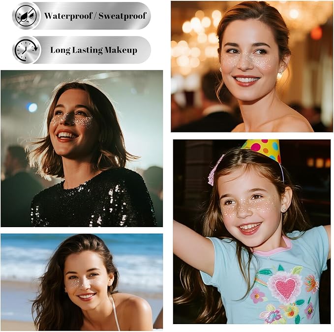 24pcs Glitter Freckles Face Tattoo - Silver Face Sparkle Freckles Temporary Tattoos for Women Girls, Waterproof & Long Lasting Freckles Makeup Patches for Party, Concerts, Daily Accessories