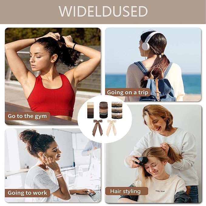 Hair Ties for women 5 styles Hair Elastics(15 No Damage Hair Ties 50 High Elastic Ties 15 Ponytail Holders 2 Bow Hair Clips 20 Snap Hair Clips) Pain-free No Crease multiple colors for all hair types