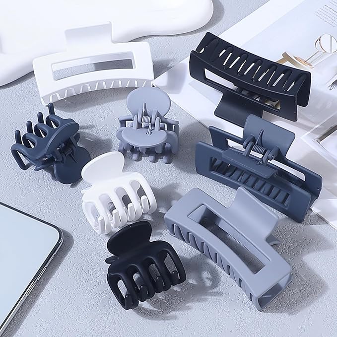 Medium Hair Clips for Women 8 Pcs Small Claw Clips for Thin and Thick Hair 2 Styles Hair Claw Clips Combination Rectangle Banana Jaw Hair Accessories for Women and Girls (Grey)