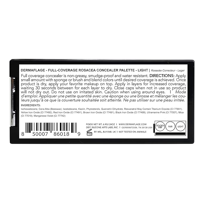 Dermaflage Rosacea Makeup Full Coverage Concealer Palette, Redness Corrector Cream for Face, Dark Circle and Under Eye Concealer and Color Corrector, Waterproof Hypoallergenic Formula (Light)