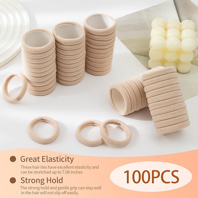 Bessrung 100 PCS Seamless Nylon Hair Ties, No Damage Elastics Hair Ties for Women Girls, Soft Stretchy Ponytail Holders for Thin Thick Hair, Snag-Free Hair Bands Christmas Gift(Beige Color)