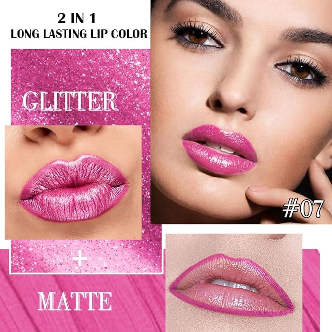 Kaely 2-in-1 Hot Pink Metallic Lipstick and Lip Liner, Shimmer Liquid Metallic Lipsticks for Women, Glitter Lip Gloss Stain Long Lasting Waterproof Smudge Proof 24 Hour, Vegan Makeup, 07