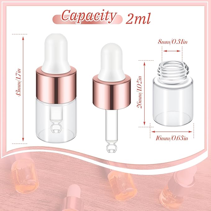 200 Pcs Mini Glass Oil Dropper Bottle Bulk, Clear Essential Small Empty Bottles Sample Containers Perfume Liquid Vials with Cap for Traveling (2 ml,Rose Gold)