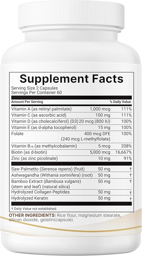 Micro Ingredients Hair Growth Vitamins for Women & Men, 120 Capsules | 14-in-1 Formula with Biotin, Collagen, Keratin, Saw Palmetto & More | Thicker, Fuller, Nourishes Thinning & Loss Hair Support