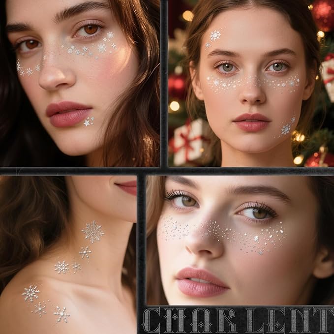 Glitter Snowflake Freckles Face Tattoos - 18 Sheets Waterproof Silver Temporary Makeup Patches for Women Kids Christmas Makeup Accessories