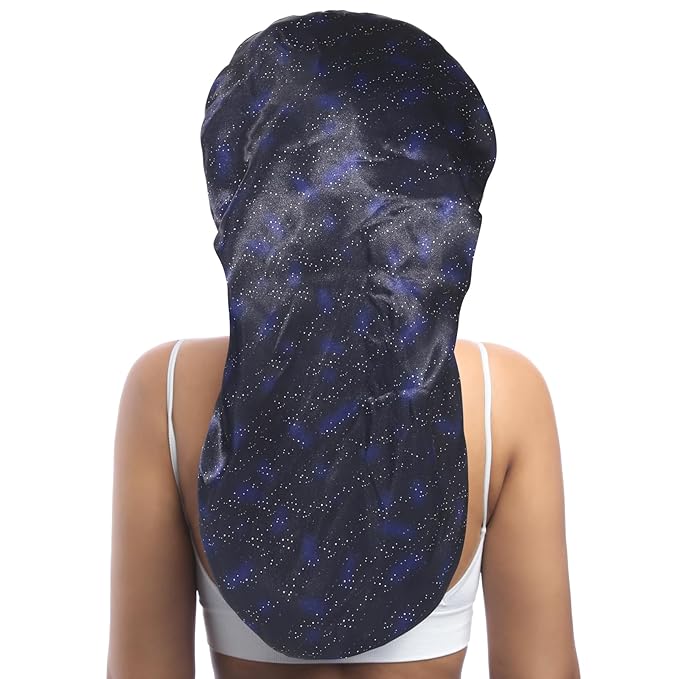 AWAYTR Long Satin Bonnet for Braids - Elastic Silk Hair Bonnets for Sleeping Night Cap Stretchy Tie Band for Women(Midnight)