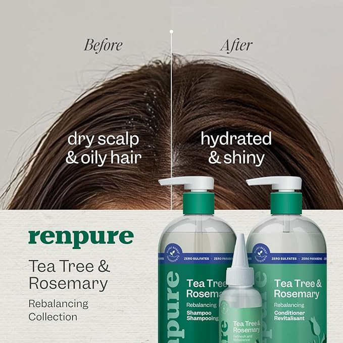 Renpure Tea Tree & Rosemary Shampoo and Conditioner Set, Plant Based - Refreshes & Rebalances Hair and Scalp - For Oily/Normal Hair - Tea Tree Leaf Oil, Rosemary Leaf Extract - 24 Fl Oz each, 2 Pack
