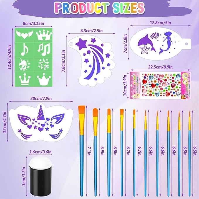 55PCS Face Paint Stencils Kit Includes 33 Reusable Facial Painting Stencils, 6 Sheets Tattoo Templates Stickers, 10 Brushes, 2 Pack Adhesive Gems, 4 Sponge for Halloween Festival Party Makeup