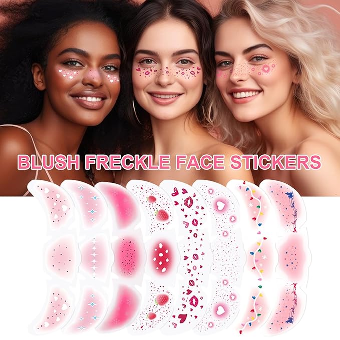 8Pcs 2-in-1 Rose-pink Blush and Glitter Freckles Face Tattoo for Teenagers & Young Women, Waterproof and Long-lasting Face Makeup Tattoos for Halloween and Christmas (SET A)