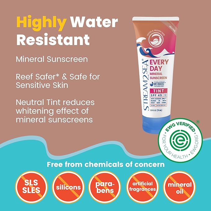 SPF 45 Every Day Tint Mineral Sunscreen | 2.5 Fl Oz Biodegradable, Paraben Free & Reef Safe | Non-Greasy Tinted Sunscreen For Face & Body Protection Against UVA & UVB