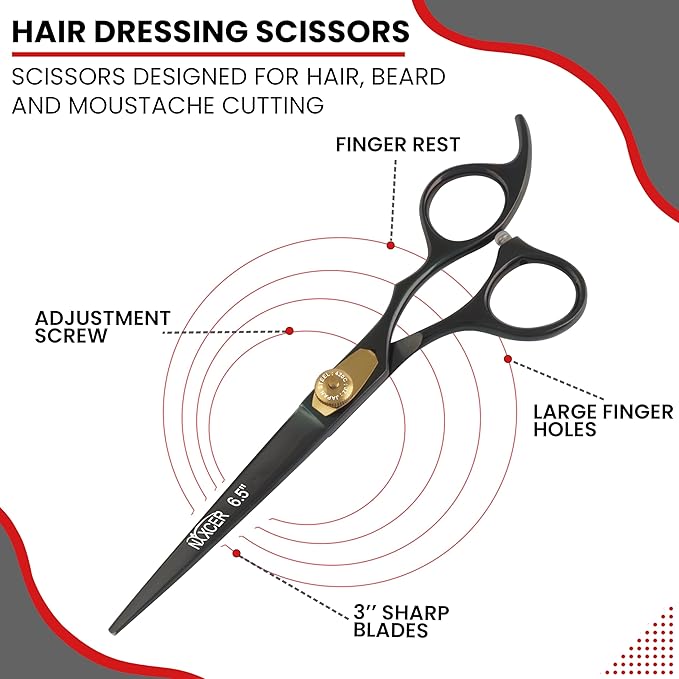 Hair Cutting Scissors -Sharp Razor Edge Blade Hair Shears Series - 6.5" With Fine Adjustment – Stainless Steel Hair Scissors Professional For Men, Women & Babies (Black)