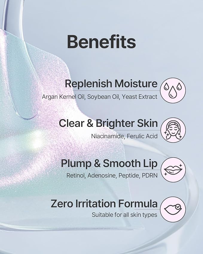 Aura Quartz Hydrogel Lip Mask 5ea - Moisturizing Lip Mask with Retinol, Peptide, Collagen, PDRN, Bakuchiol, Anti-aging Lip Care for Dry Lips, Reduces Laugh Lines, Smooth and Plump Lips