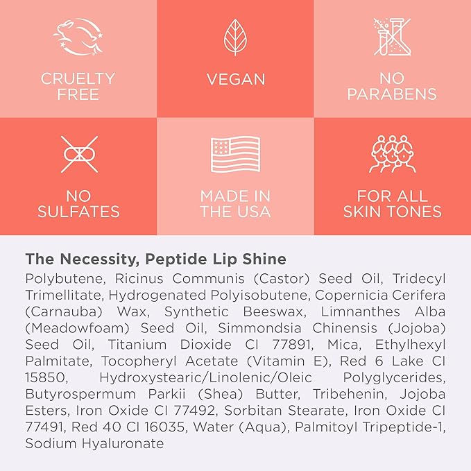 Cote Beauty's Peptide Lip Shine in Branson, Ultra Hydrating & Long-Lasting Coral Plumping Lip Gloss for Women with Hyaluronic Acid, Shea Butter & Jojoba Oil, Vegan & Cruelty-Free, 0.12 Fl Oz