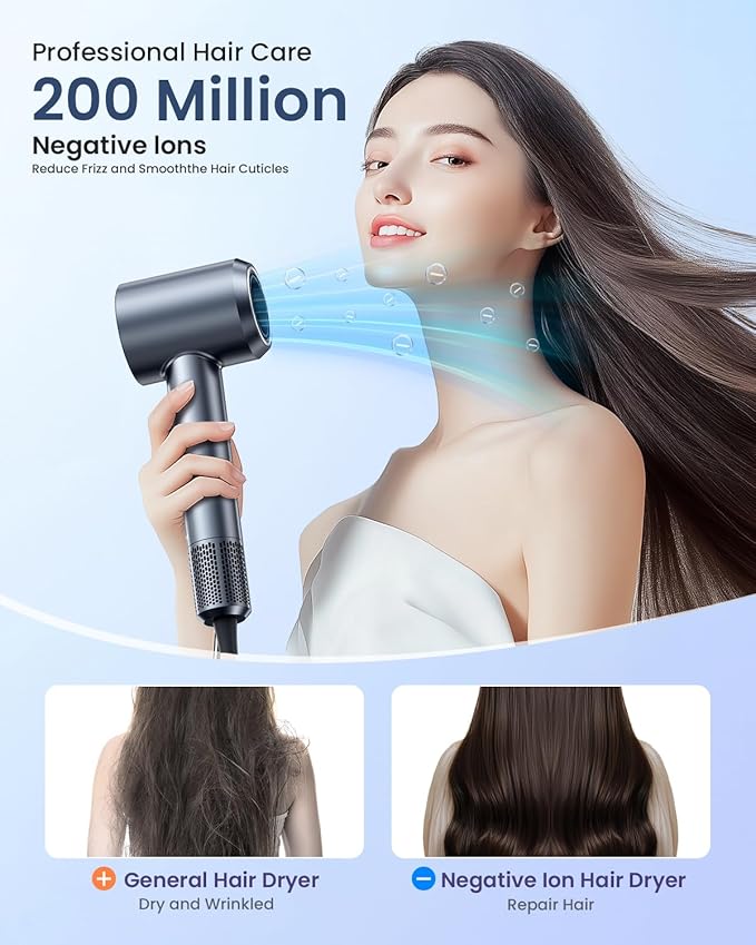 Hair Dryer, 150000 RPM Professional High-Speed Blow Dryer, Negative Ionic Hair Dryer for Fast Drying, Low Noise Thermo-Control HairDryer with Magnetic Nozzle for Home Travel Women Man