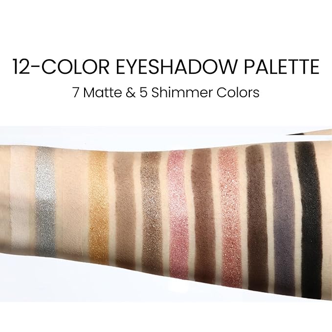 Erinde Nude Brown Eyeshadow Palette, 12 Colors Matte Shimmer Beige Silver Gold Taupe Champagne Gray Black Eye Shadow Palette, Highly Pigmented Long Lasting Waterproof Eyeshadow Pallete, 01