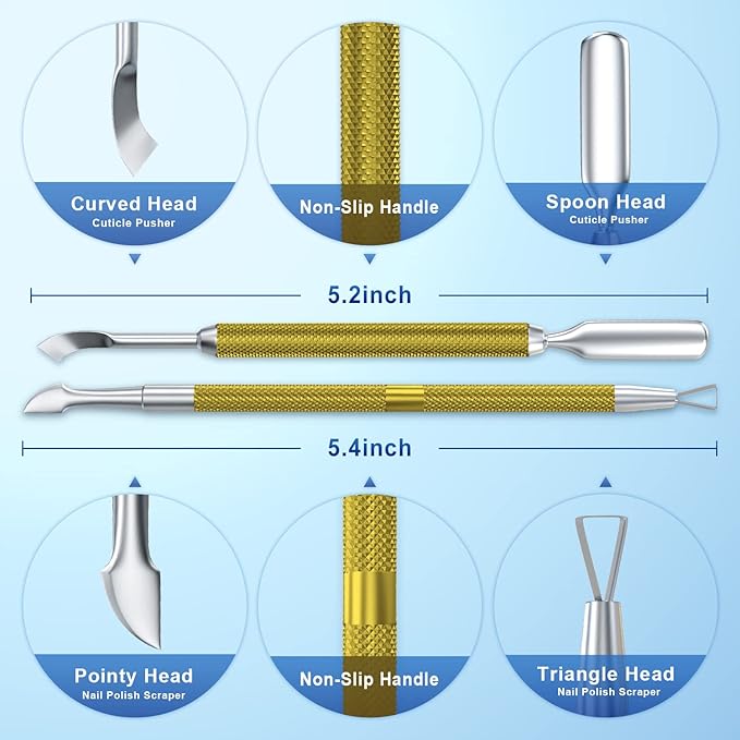 2PCS Metal Mineral Gold Cuticle Pusher and Cutter Remover Salon Quality Stainless Steel Gel Nail Polish Peeler Scraper Durable Manicure and Pedicure Cleaner Tool For Fingernail and Toenail