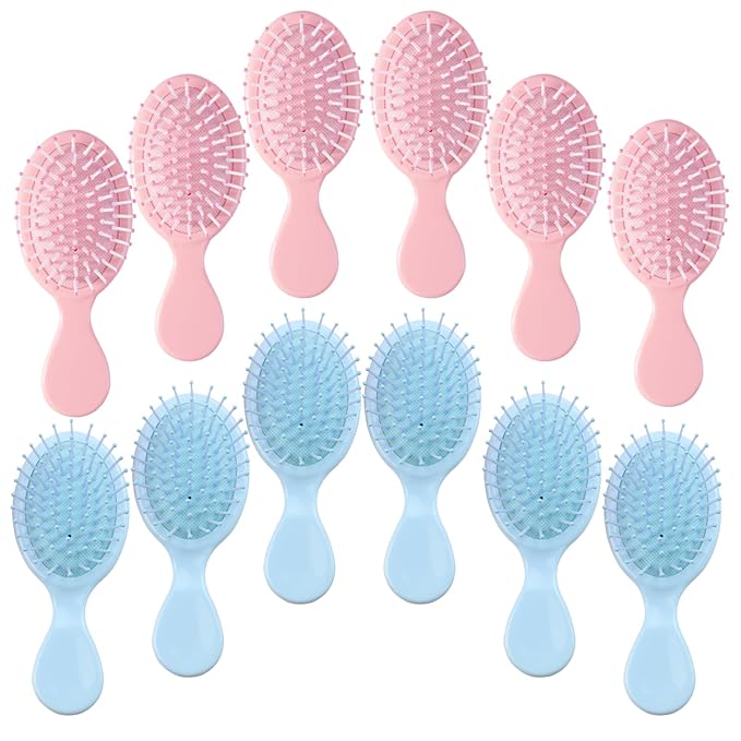 12 pcs Mini Hair Brush,Travel Detangling Brush with Exquisite Packaging Box,Mini Brush for Most Hair Types,Bridesmaid Party Christmas Stockings Filling Wet Hair Brushes (Pink and Blue)