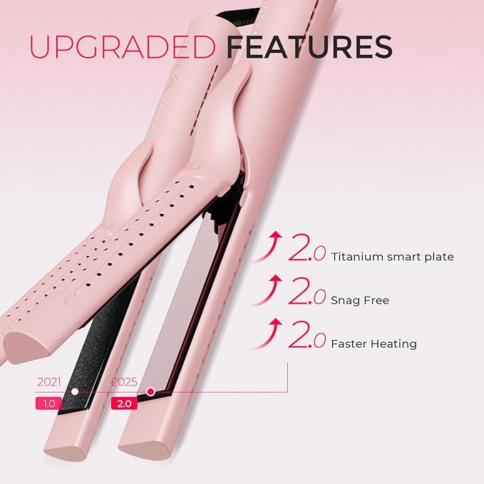 TYMO Airflow 2.0 Curling Iron Flat Iron - Hair Straightener and Curler 2 in 1, 1.25 Inch Curling Wand for Long Short Hair, Dual Voltage for Travel, 54 Million Ionic, Anti-Tangle, 5 Temps, Pink