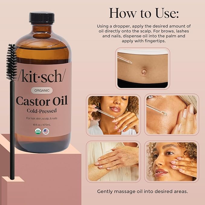 Kitsch Organic Castor Oil for Hair Growth - 100% Pure Castor Oil, Organic Cold Pressed Unrefined Glass Bottle for Face, Skin, Lashes, Brows, Scalp, Nails & Belly Button | Ideal Gifts for Women- 16 oz